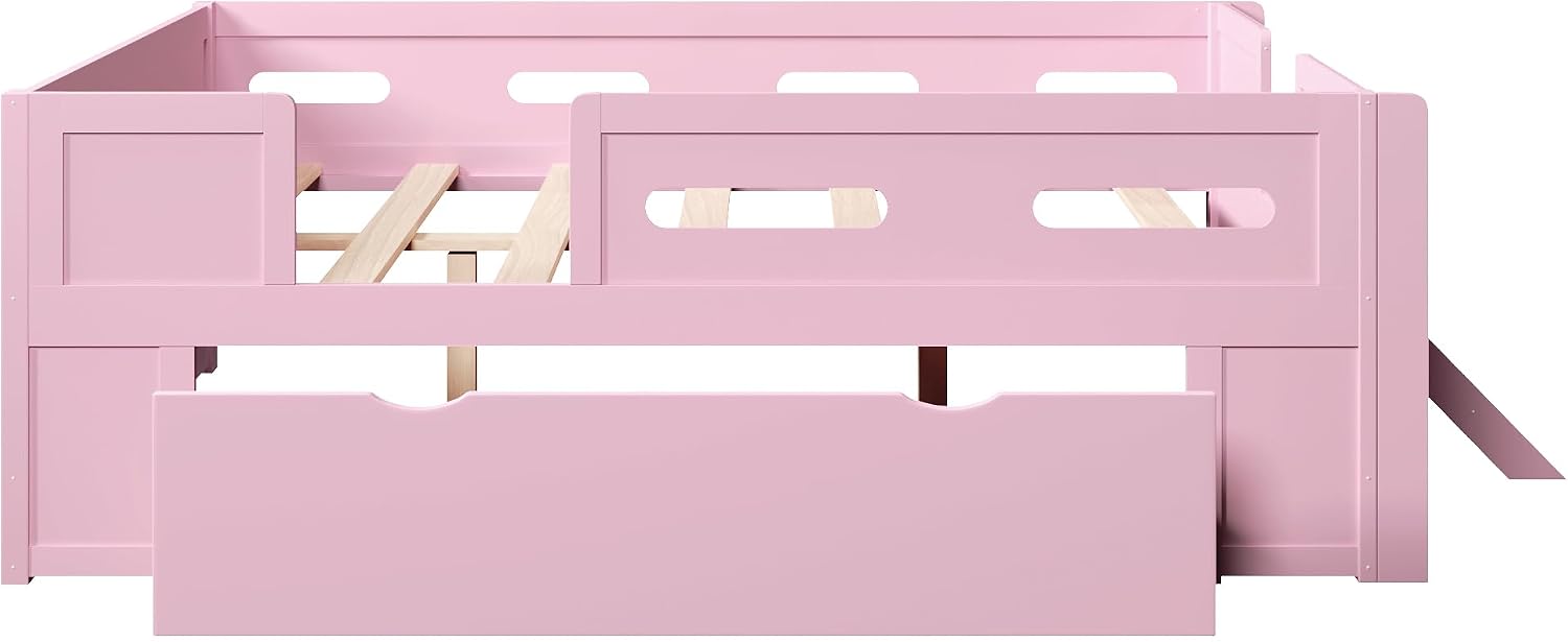 VilroCaz Modern Full Size Platform Bed with Guardrail and Large Drawer, Wood Kids Platform Bed Frame with Two-Step Ladder for Boys Girls, Sturdy Slats Support (Pink-1.12F)