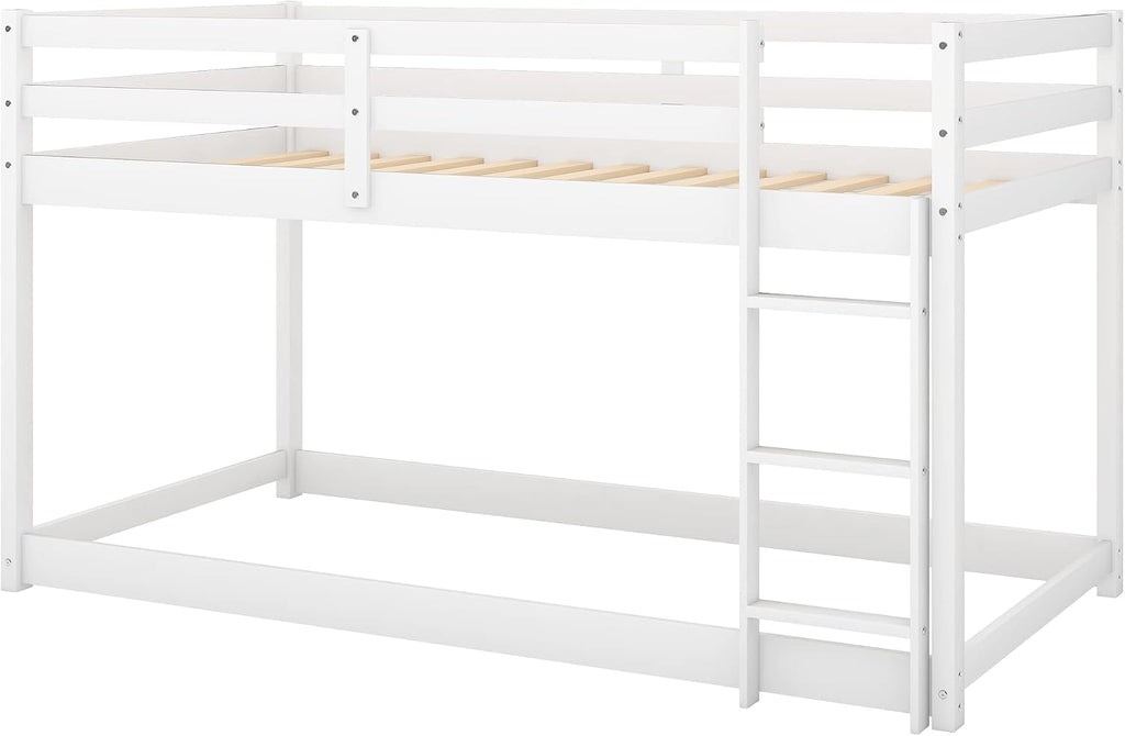 Low Bunk Bed Twin Over Twin, Solid Wood Floor Bunk Bed Frame with Ladder & Safety Guardrails, Twin Bunk Beds for Kids Boys and Girls, Saving Space, No Box Spring Needed, White