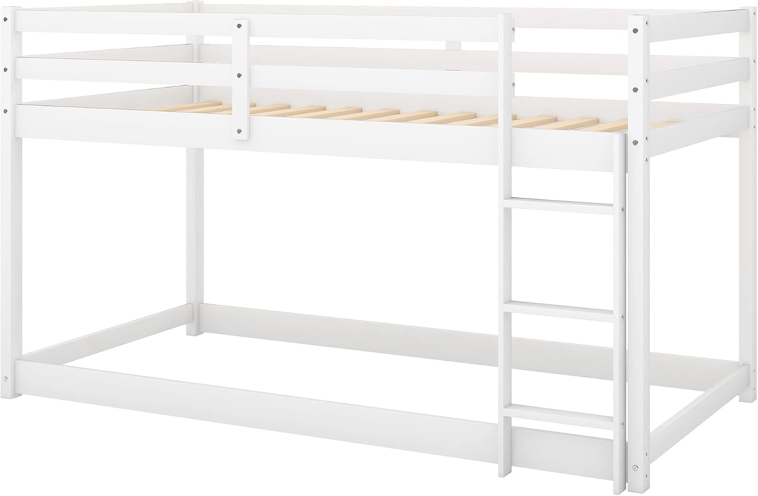 Low Bunk Bed Twin Over Twin, Solid Wood Floor Bunk Bed Frame with Ladder & Safety Guardrails, Twin Bunk Beds for Kids Boys and Girls, Saving Space, No Box Spring Needed, White