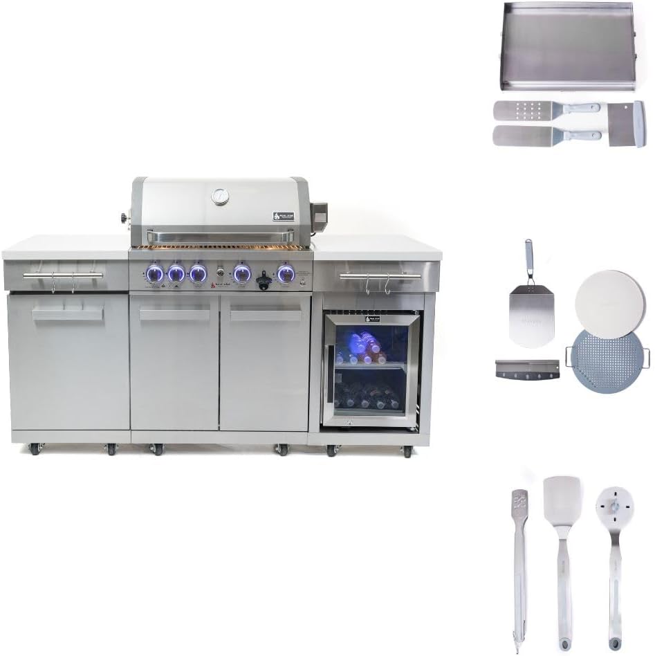 Mont Alpi Premium 70' W Stainless Steel Outdoor Kitchen Island with Refrigerator + 32' W 4-Burner BBQ Gas Grill + Universal Flat Top Griddle + Pizza Peel + Cleaning Brush + Spatula + Cutter + Scraper