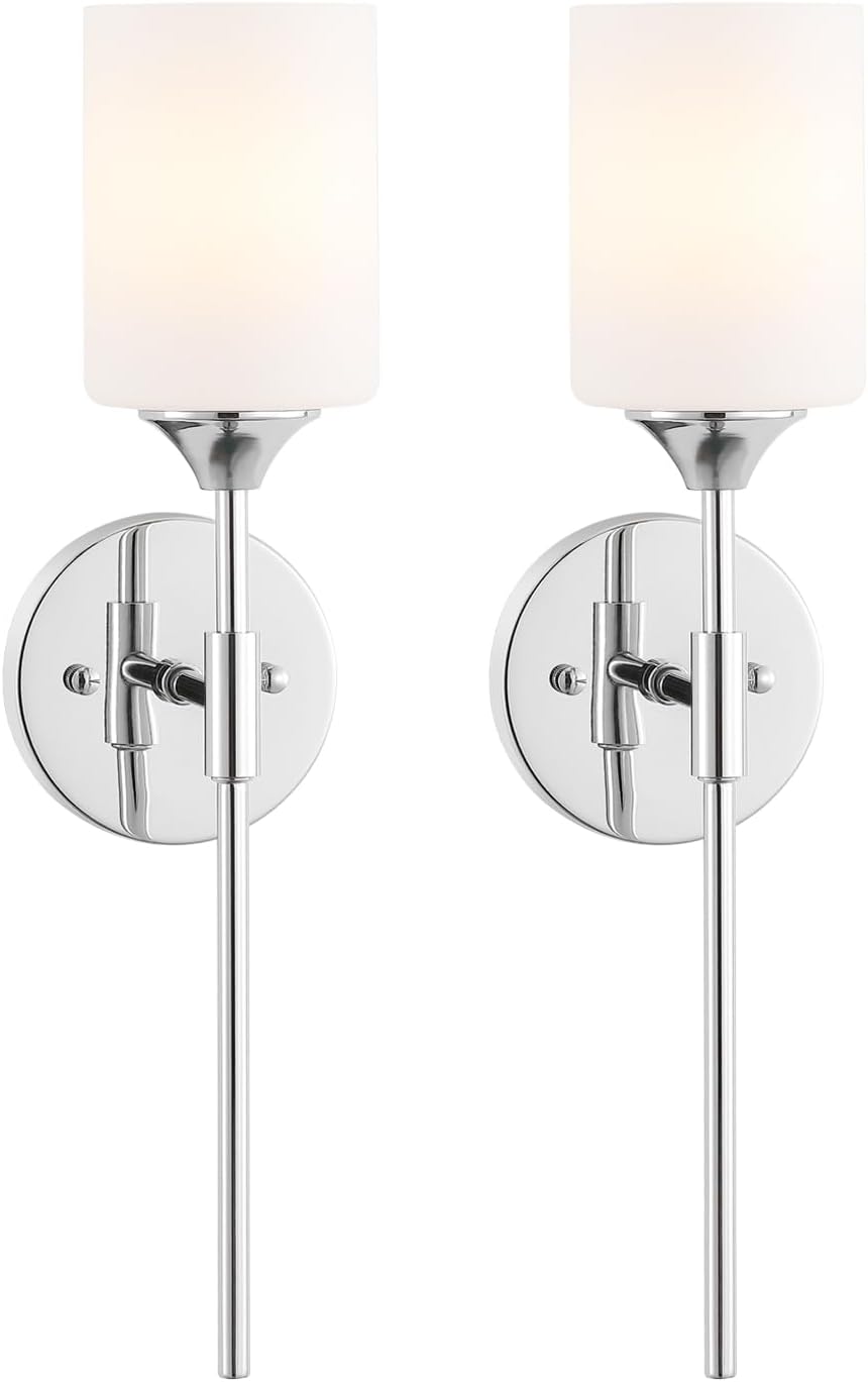 BYOLIIMA Modern Wall Sconce Set of 2 White Cylinder Glass Shades Mid Century Bathroom Vanity Wall Light Fixtures Industrial Wall Lamp for Bedroom Mirror Living Room Restaurant(Chrome Color)
