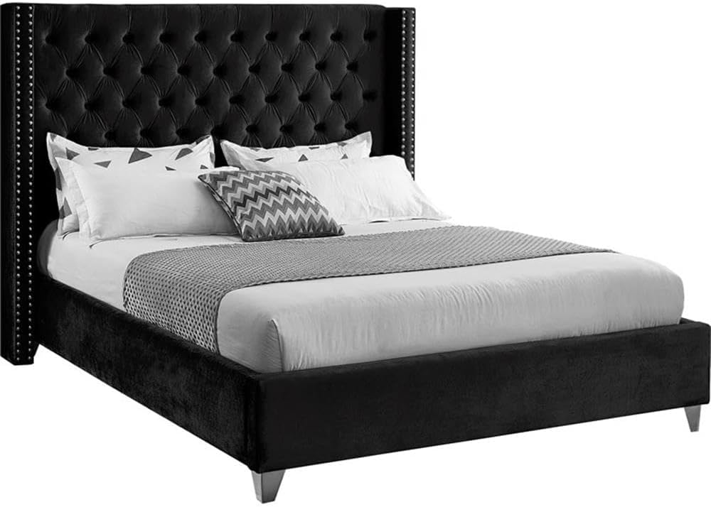 Meridian Furniture Aiden Collection Modern | Contemporary Velvet Upholstered Bed with Deep Button Tufting, Solid Wood Frame, and Custom Chrome Legs, Queen, Black