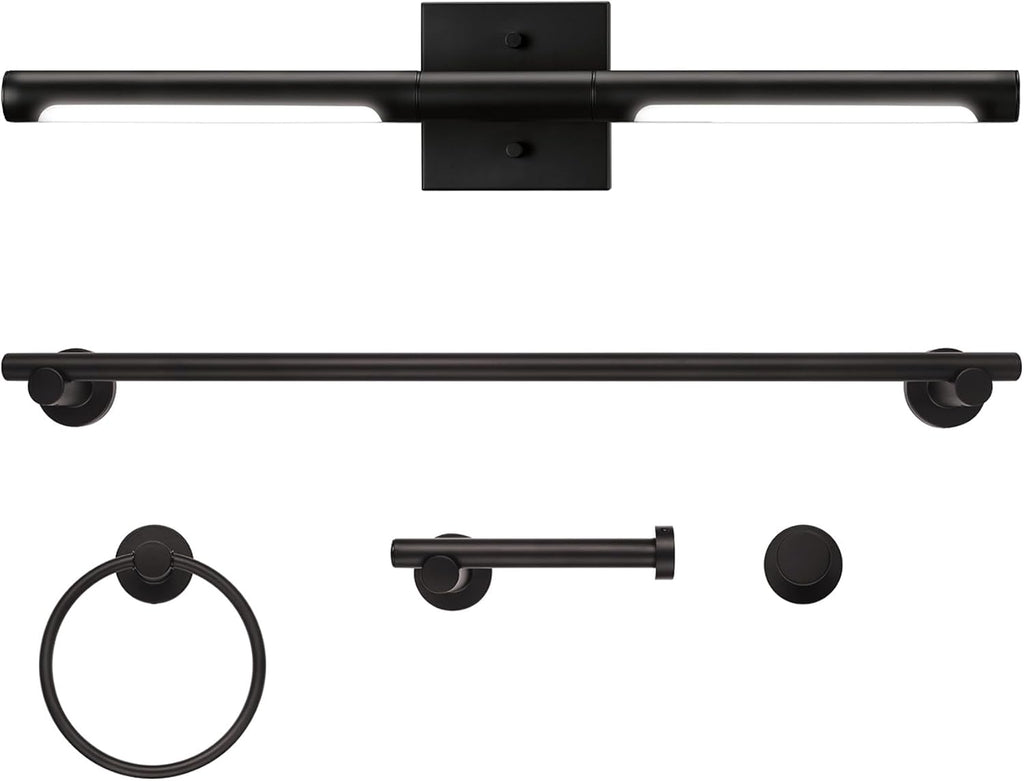 Globe Electric 63000203 5-Piece All-in-One Bathroom Set, 2-Light LED Vanity Light, Matte Black, 1200 Lumen, Towel Bar, Robe Hook, Toilet Paper Holder, Towel Ring, Bathroom Lights Over Mirror