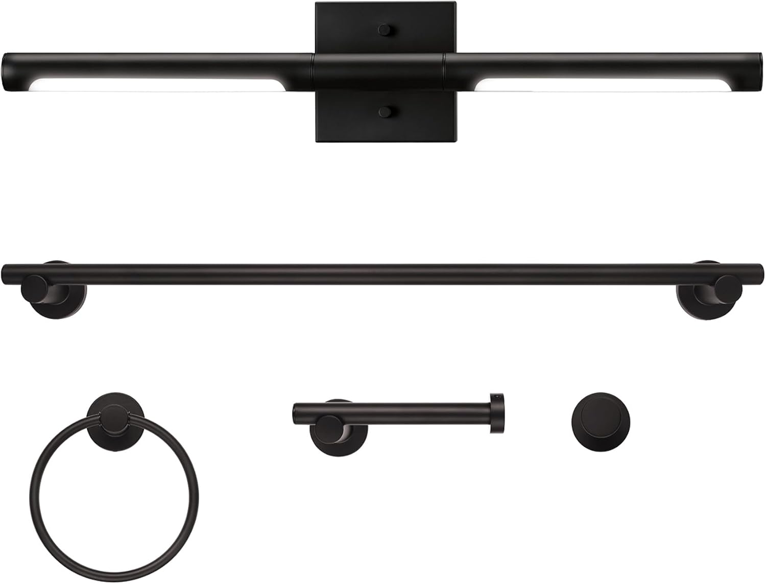 Globe Electric 63000203 5-Piece All-in-One Bathroom Set, 2-Light LED Vanity Light, Matte Black, 1200 Lumen, Towel Bar, Robe Hook, Toilet Paper Holder, Towel Ring, Bathroom Lights Over Mirror