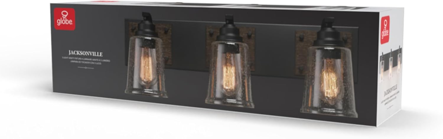 Globe Electric 51852 3-Light Vanity Light, Bathroom Wall Fixture, Matte Black and Dark Faux Wood Finish, Clear Seeded Glass Shades, E26 Base, Dimmable