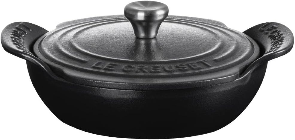 Le Creuset Enameled Cast Iron Gourmand Collection Set of 4 Mini Round Braiser, .3 qt., Matte Black w/Stainless Steel Knob