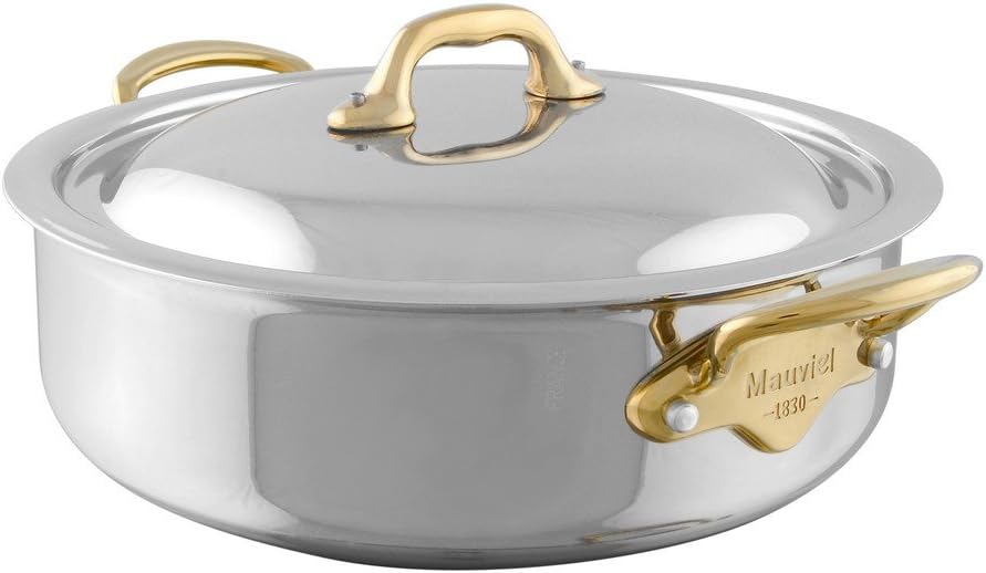 Mauviel M'Cook B 5-Ply Polished Stainless Steel Rondeau/Braiser Pan With Lid, And Brass Handles, 6-qt, Made In France