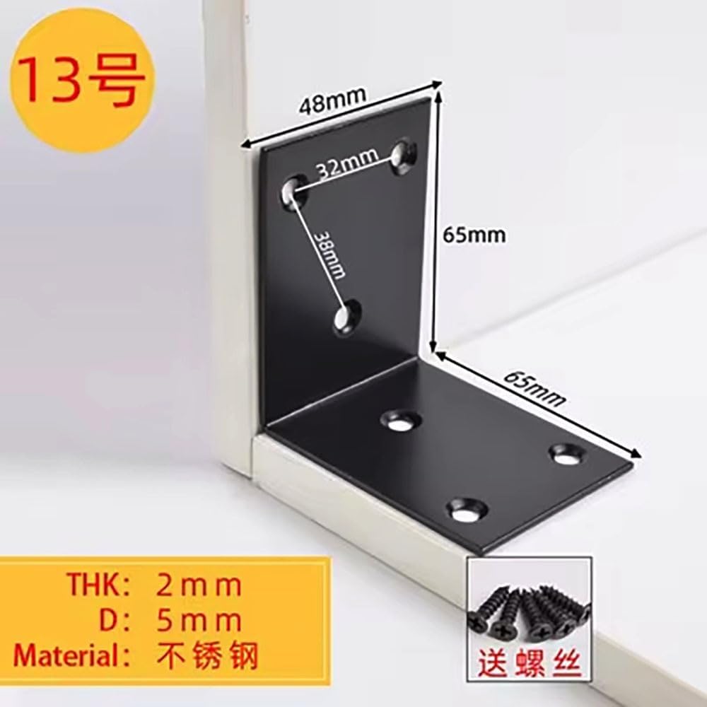 10Pcs 90 Degree Black Angle Bracket Stainless Steel Iron Durable Furniture Hardware Connector for DIY Woodworking(65X65F)