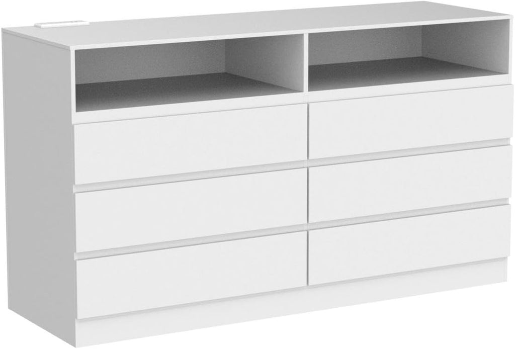 Gyfimoie 6 Drawer Double Dresser with Power Outlet, Accent Chests of Drawers with LED Light, Modern White Storage Dresser with Charging Station (Mirror Not Included)