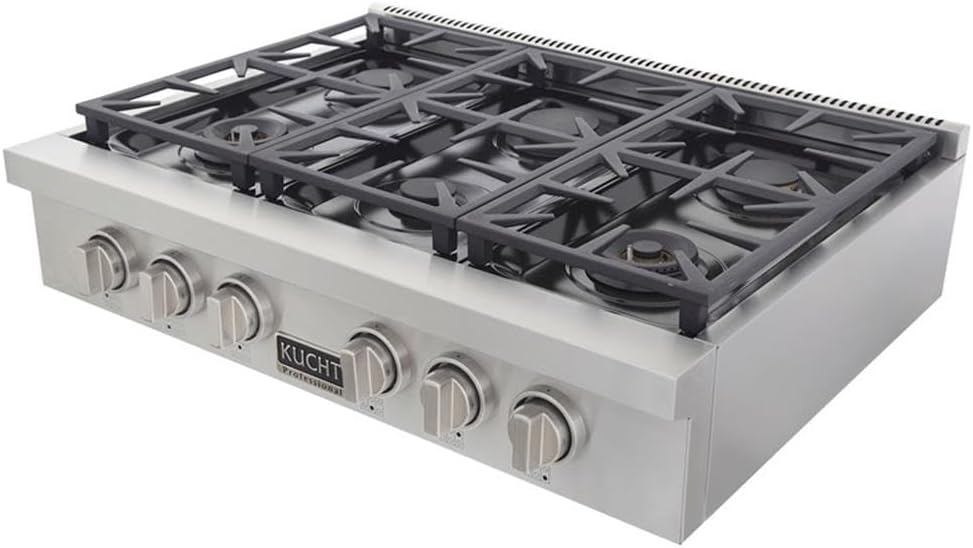 Pemberly Row 36' Natural Gas Range Top, Stainless Steel, Classic Silver Knobs, 6 Burners w/Auto Reignition, Cast-Iron Grates, Built-in Grill/Griddle, High-Powered Cooktop for Home Kitchens
