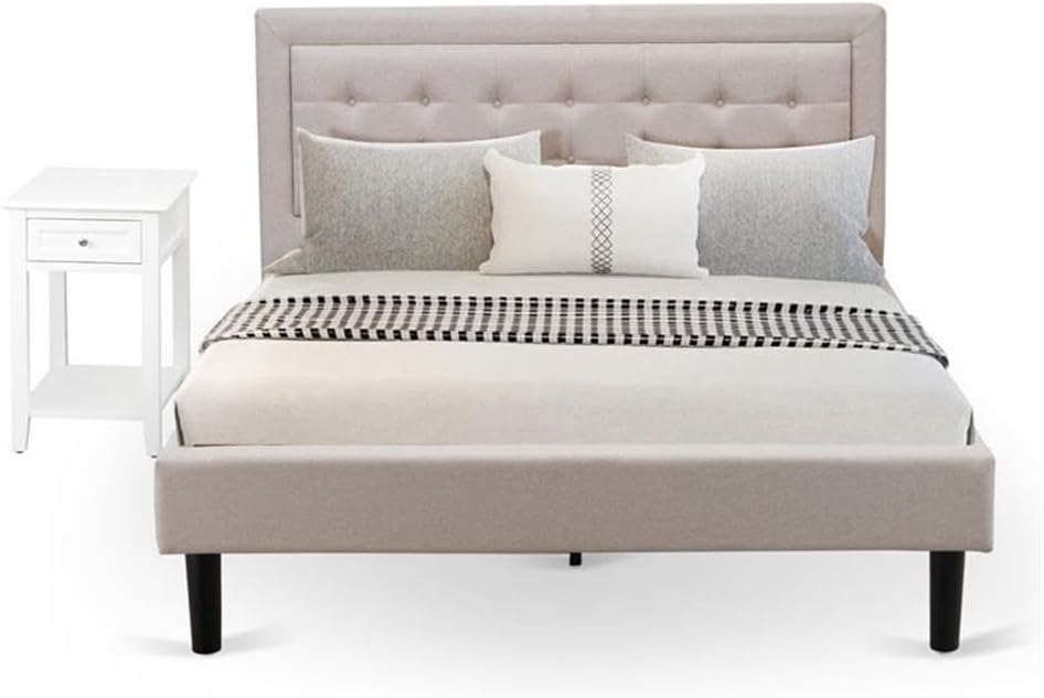 East West Furniture FN08Q-1DE05 2-Piece Fannin Queen Bed Set Furniture with 1 Modern Bed and a Bedroom Nightstand - Reliable and Sturdy Manufacturing - Mist Beige Linen Fabric