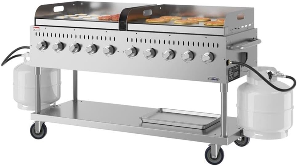 Pemberly Row 72' Stainless Steel Commercial Outdoor Propane Grill – 10 Burners, Dual Griddles, Heavy Duty BBQ Gas Grill
