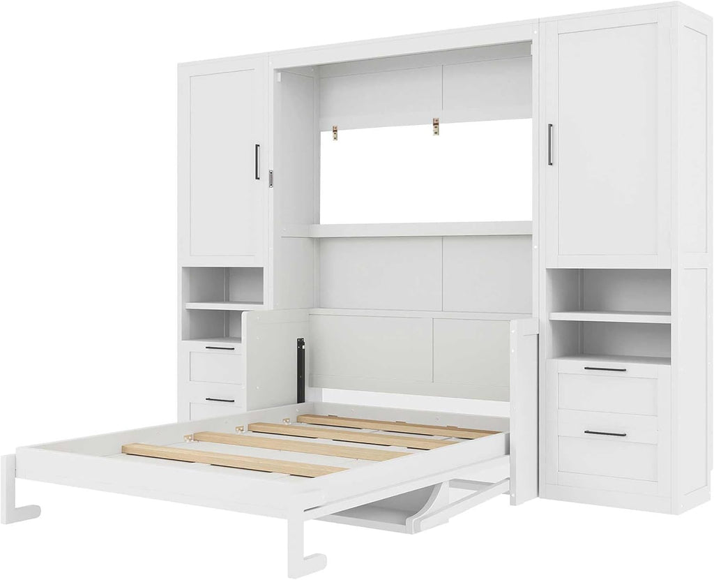 Merax Full Size Murphy Bed with Desk, Closet, Drawers and Shelves, Multifunctional Foldable Wood Platform Bed Frame for Small Spaces Studio Study Office Guest Room, Space-Saving Design, White