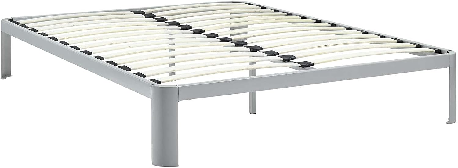 Modway Corinne Steel Modern Mattress Foundation Queen Bed Frame with Wood Slat Support in Gray