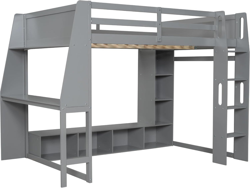MERITLINE Full Gaming Loft Bed with Desk and Storage,TV Stand & LED RGB, Solid Wood Gaming Bed with Storage Shelves,TV Cabinet and Clothes Rack, for Adults Teens (Grey,Full)