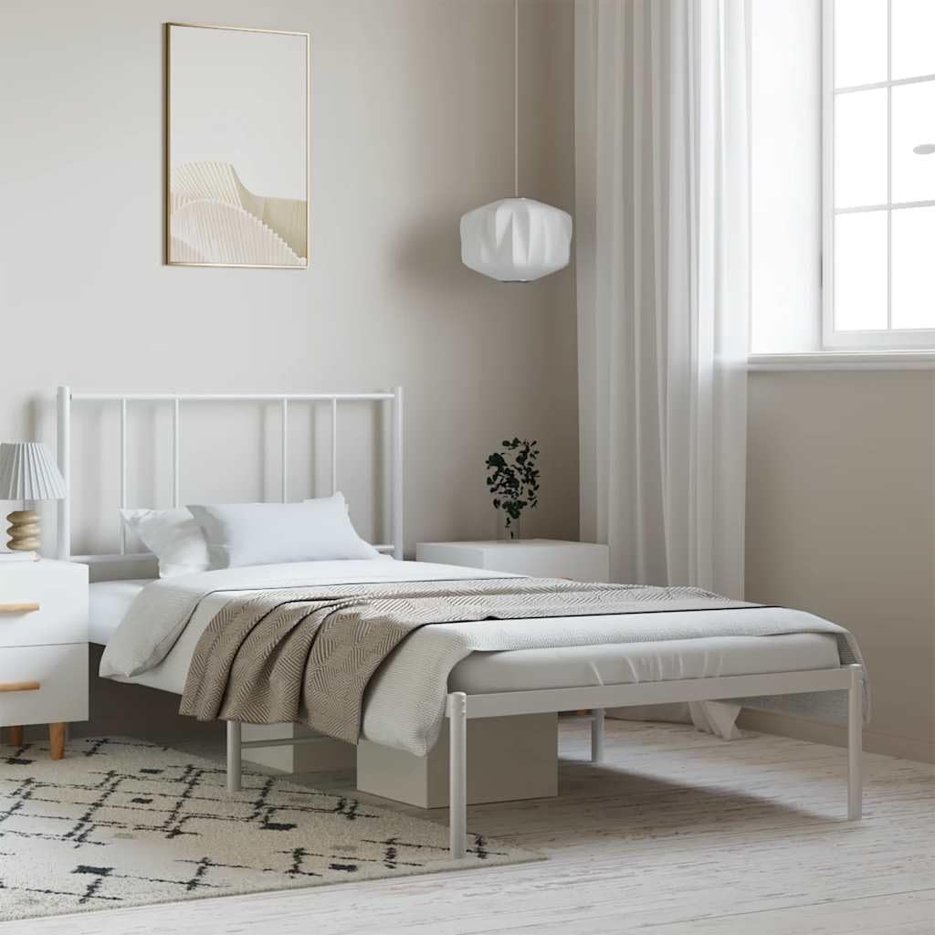 White Powder-Coated Steel Twin Bed Frame with Headboard, Rectangular Design for Single Mattress 39.4x78.7 Inches, Heavy-Duty Metal Structure with Under-Bed Storage, Modern