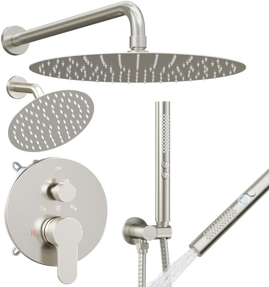 Shower Systems STARBATH 12+6' Round Dual Rainfall Shower Head with Handheld Spray for Two People, Wall Mounted 3 Way Rain Shower Faucet Sets Complete, Included Valve and Trim Kit, Brushed Nickel