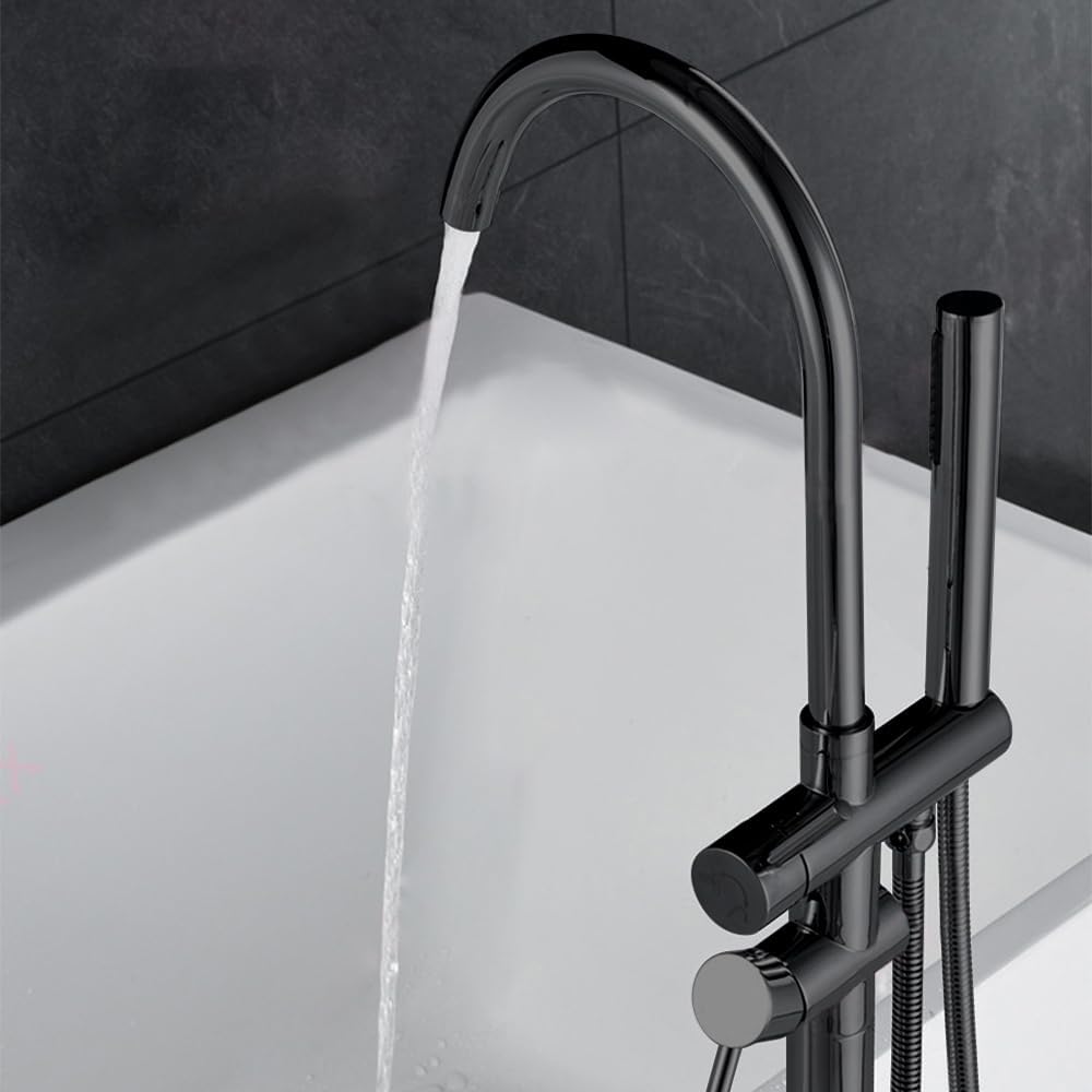 Floor Mount Bathtub Faucet, Freestanding Tub Filler, Standing Swivel Spout Shower Faucets Shower Mixer Taps with Cylinder Handheld Shower (Black, With Embedded Box)
