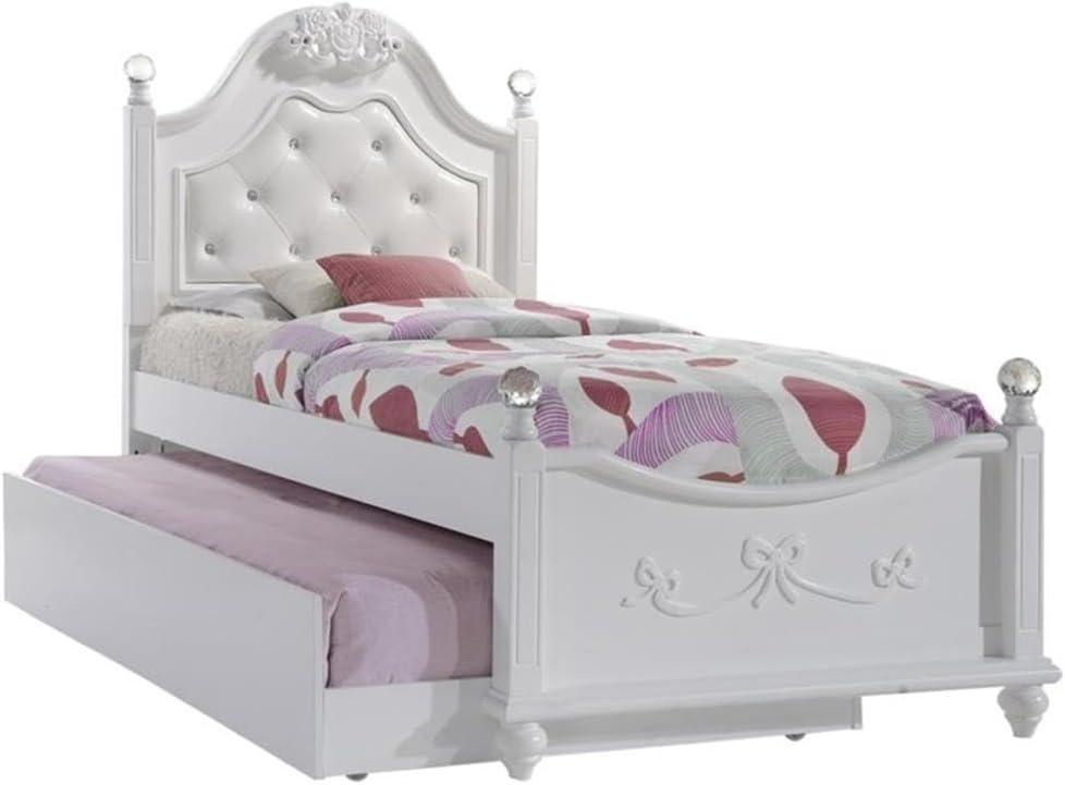 Pemberly Row Contemporary 4 Piece Twin Platform Bedroom Set, Solid Rubber Wood with White Faux Leather Headboard, Trundle Storage, Crystal Ball Posts, Bow Moldings, Bedroom Furniture for Kids or Teens