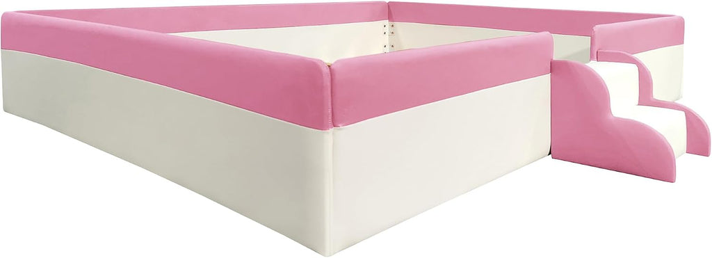 VilroCaz Queen Size Upholstered Daybed Frame with Fence and Stairs, Montessori Kids Floor Bed with Sturdy Slat Support for Kids Boys Girls