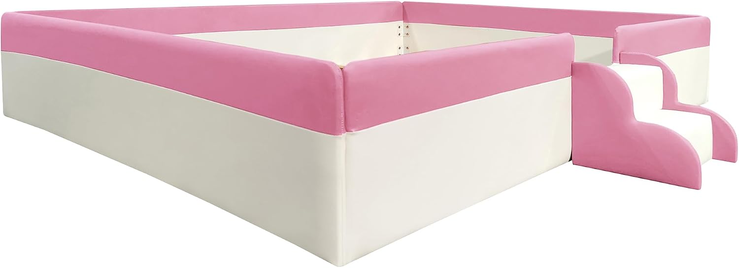 VilroCaz Queen Size Upholstered Daybed Frame with Fence and Stairs, Montessori Kids Floor Bed with Sturdy Slat Support for Kids Boys Girls