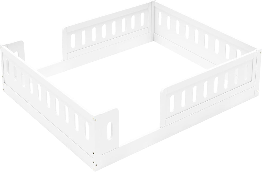 Platform Bed with Guardrails,Wood Floor Bed Frame for Bedroom,No Box Spring Needed (White, Full Size)