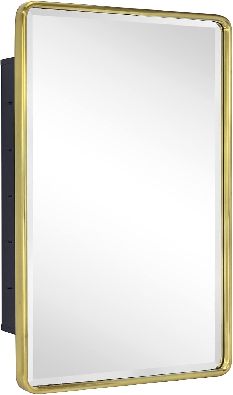 TEHOME Farmhouse Brushed Gold Metal Framed Recessed Bathroom Medicine Cabinet with Mirror Rounded Rectangle Medicine Cabinet with Beveled Mirror 16x24''