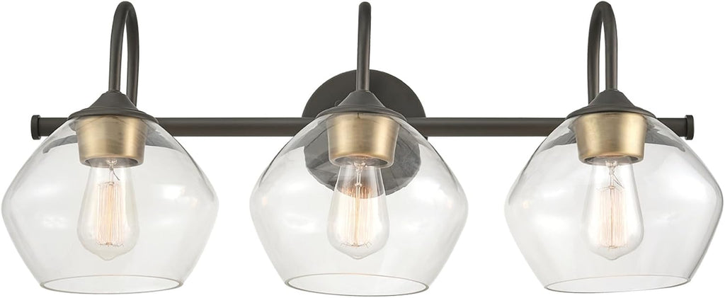 Globe Electric 51853 3-Light Vanity Light, Dark Bronze, Antique Brass Accents, Clear Glass Shade, Beauty Room Accessories, Bathroom Lights Over Mirror, Makeup Mirror Lights, Bulb Not Included
