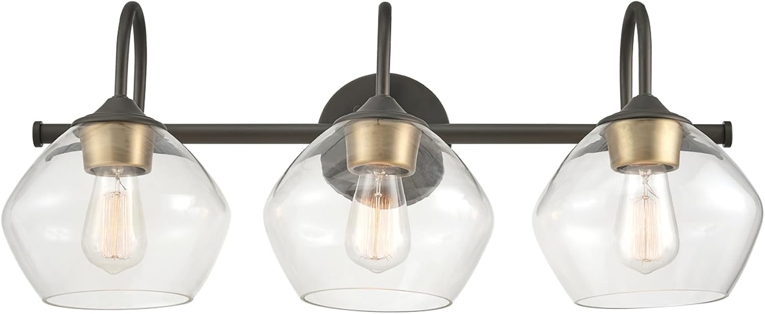 Globe Electric 51853 3-Light Vanity Light, Dark Bronze, Antique Brass Accents, Clear Glass Shade, Beauty Room Accessories, Bathroom Lights Over Mirror, Makeup Mirror Lights, Bulb Not Included