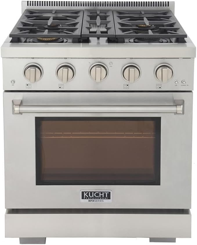 Pemberly Row 30' Natural Gas Range, Stainless Steel Finish, True Simmer Burners, 4-Burner Gas Stove, 21,000 BTU Rocket Power, Convection Oven, Infrared Broiler, Telescopic Shelves, Residential