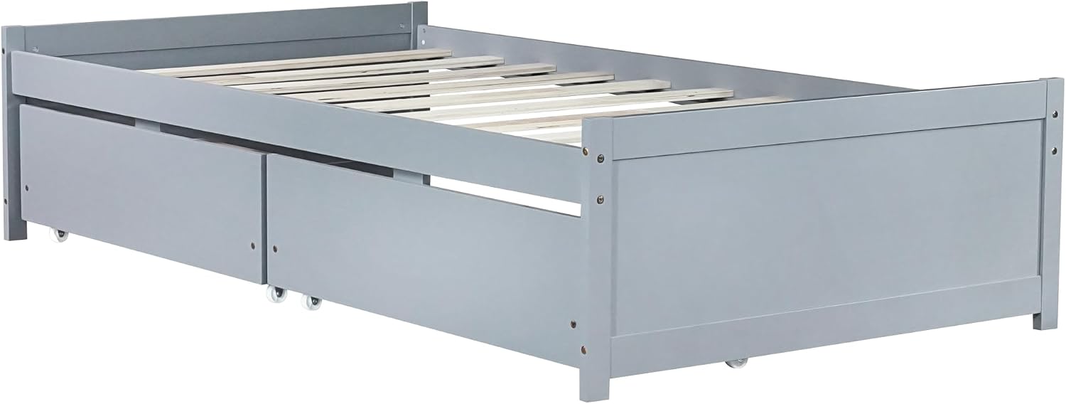 Bellemave Twin Kids Bed with Storage 2 Drawers, Wood Twin Daybed with Storage, BedFrames for Kids, Adults, Gray