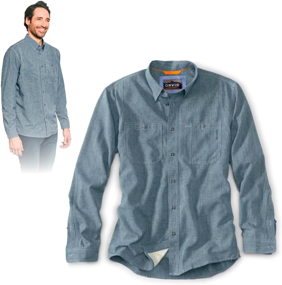 Orvis Tech Chambray Long Sleeve Men's Work Shirts - Lightweight Quick-Drying UPF 40 Chambray Fabric Casual Men's Shirts