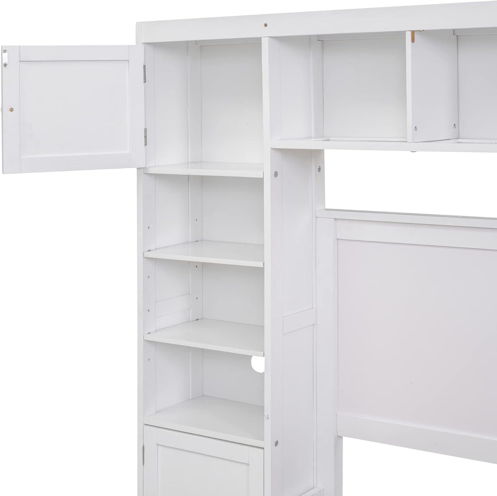 SOFTSEA Full Size Platform Bed with Bookcase Headboard, Full Storage Bed with 4 Drawers, Solid Wood Bed Frame with Storage Cabinets and Shelves for Kids Adults, No Box Spring Needed, White