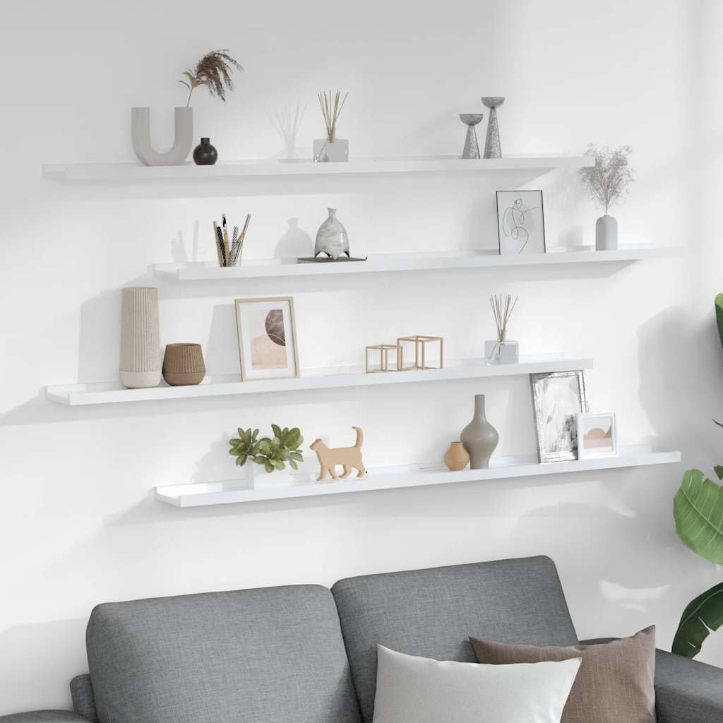 Floating Wall Shelves 4-Pack High Gloss White 45.3'x3.5'x1.2' MDF Display Ledge for Living Room Bedroom Dorm Décor Storage