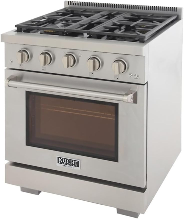 Pemberly Row 30' Natural Gas Range, Stainless Steel Finish, True Simmer Burners, 4-Burner Gas Stove, 21,000 BTU Rocket Power, Convection Oven, Infrared Broiler, Telescopic Shelves, Residential