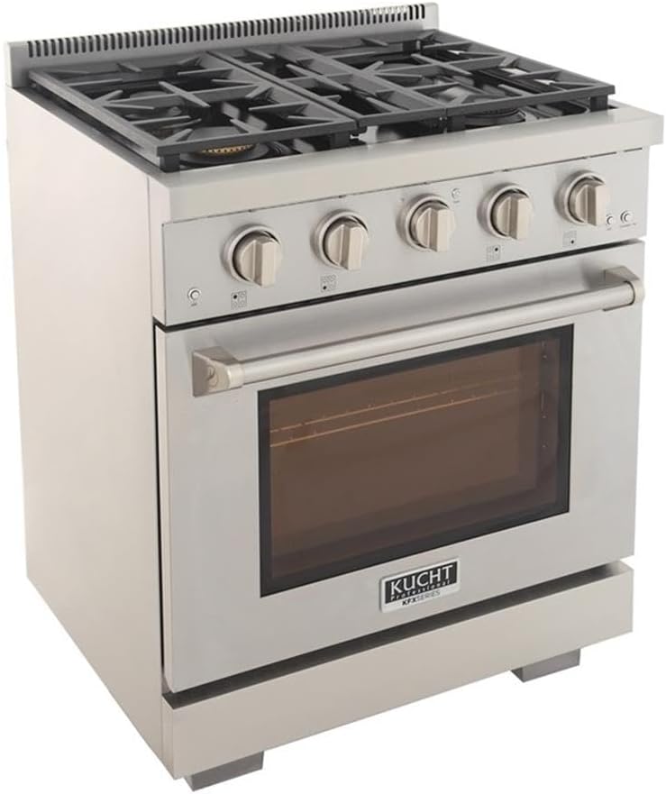 Pemberly Row 30' Natural Gas Range, Stainless Steel Finish, True Simmer Burners, 4-Burner Gas Stove, 21,000 BTU Rocket Power, Convection Oven, Infrared Broiler, Telescopic Shelves, Residential