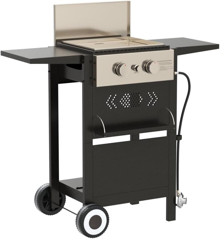 MFSTUDIO 2-Burner Propane Gas BBQ Grill with Cast Iron Griddle Pan, 20,000 BTU Output Small Barbecue Grill for Outdoor, Patio, Backyard and Balcony