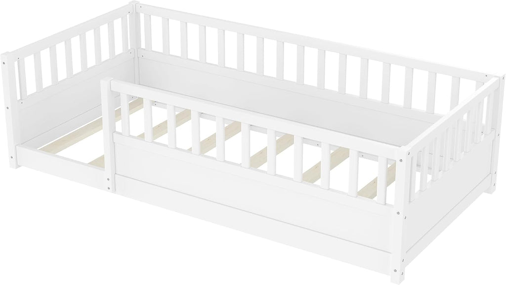 Bellemave Twin Size Montessori Floor Bed with Fence, Easy Assemble Montessori Beds for Kids, Girls, Boys, White