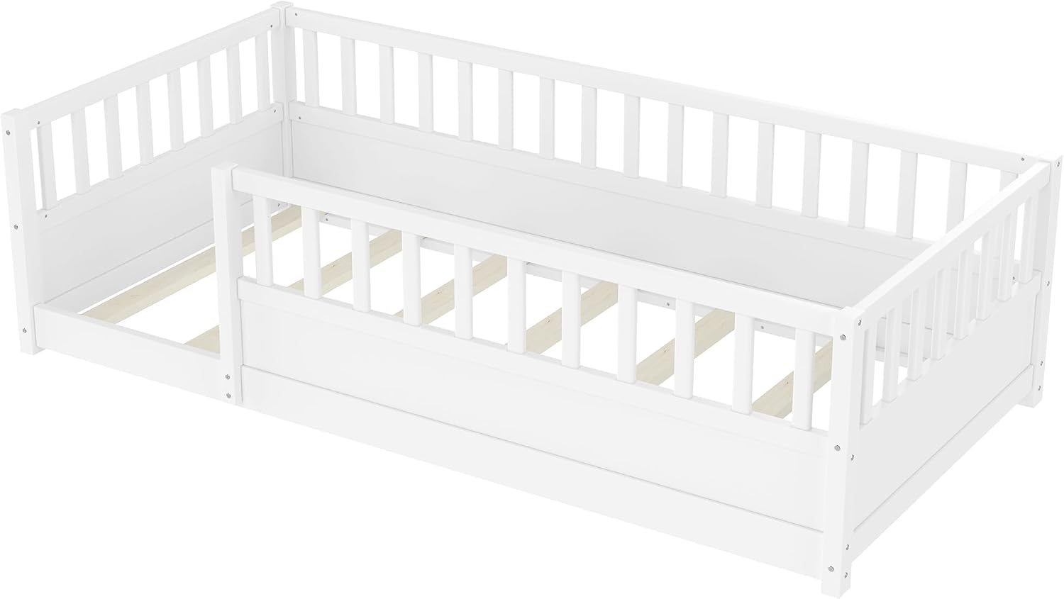 Bellemave Twin Size Montessori Floor Bed with Fence, Easy Assemble Montessori Beds for Kids, Girls, Boys, White