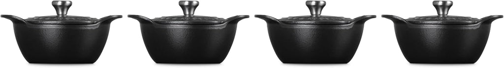 Le Creuset Enameled Cast Iron Gourmand Collection Set of 4 Mini Round Cocotte, .3 qt., Matte Black w/Stainless Steel Knob