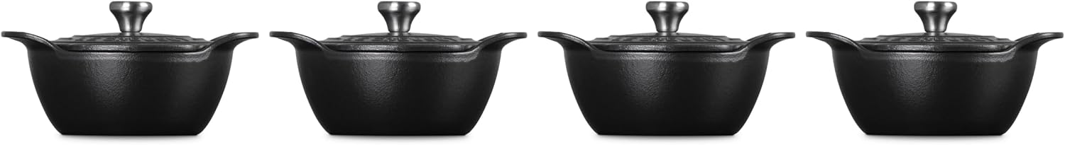 Le Creuset Enameled Cast Iron Gourmand Collection Set of 4 Mini Round Cocotte, .3 qt., Matte Black w/Stainless Steel Knob