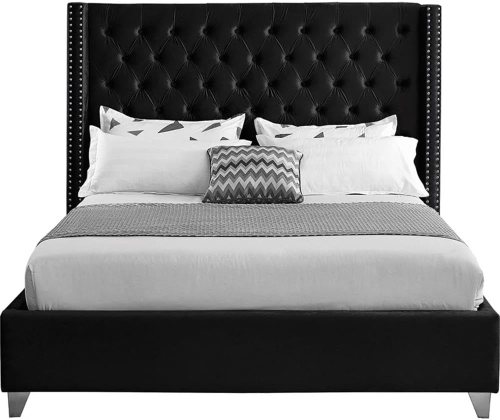 Meridian Furniture Aiden Collection Modern | Contemporary Velvet Upholstered Bed with Deep Button Tufting, Solid Wood Frame, and Custom Chrome Legs, Full, Black