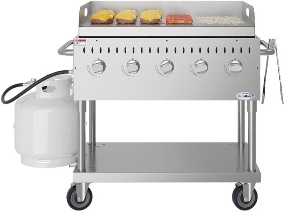 Pemberly Row 36-Inch Stainless Steel Commercial Gas Grill with Griddle, 5-Burner Propane BBQ, 688 Sq. In. Cooking Area, Durable Carbon Steel Griddle Plate, Mobile Design for Outdoor Cooking