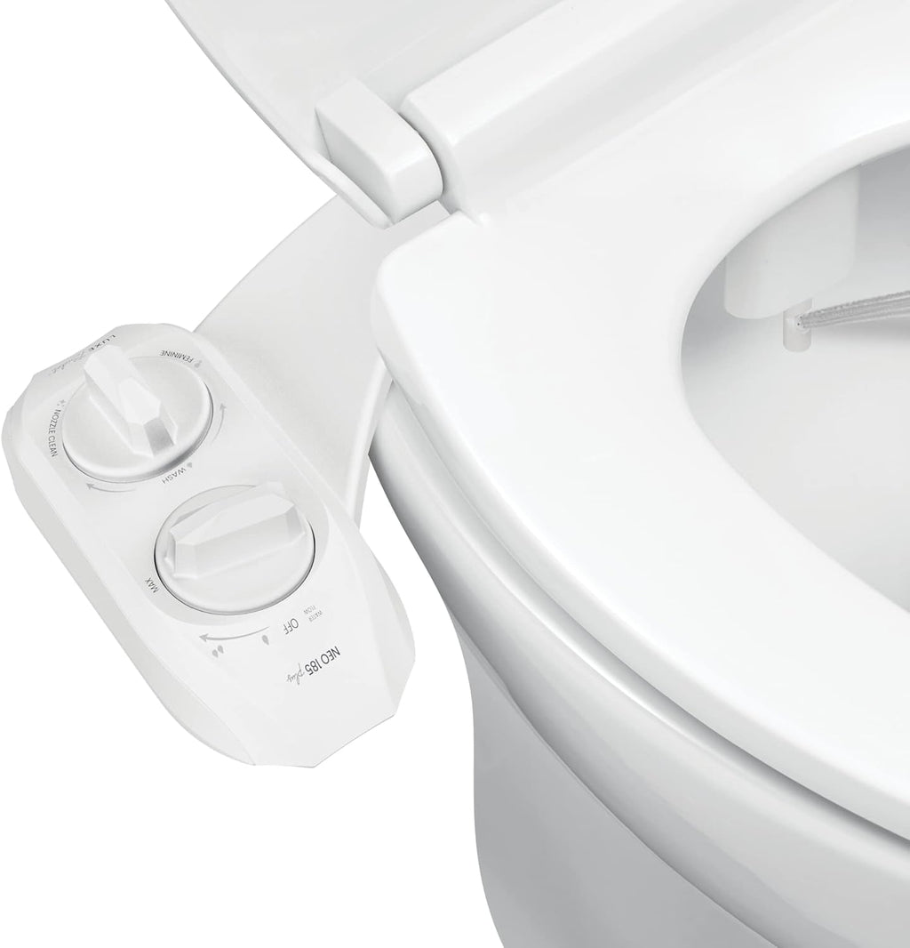 LUXE Bidet NEO 185 Plus White Bidet Attachment, Comfort Soft Footstool, Toilet Seat Bumpers, and Water Filter Gift Set