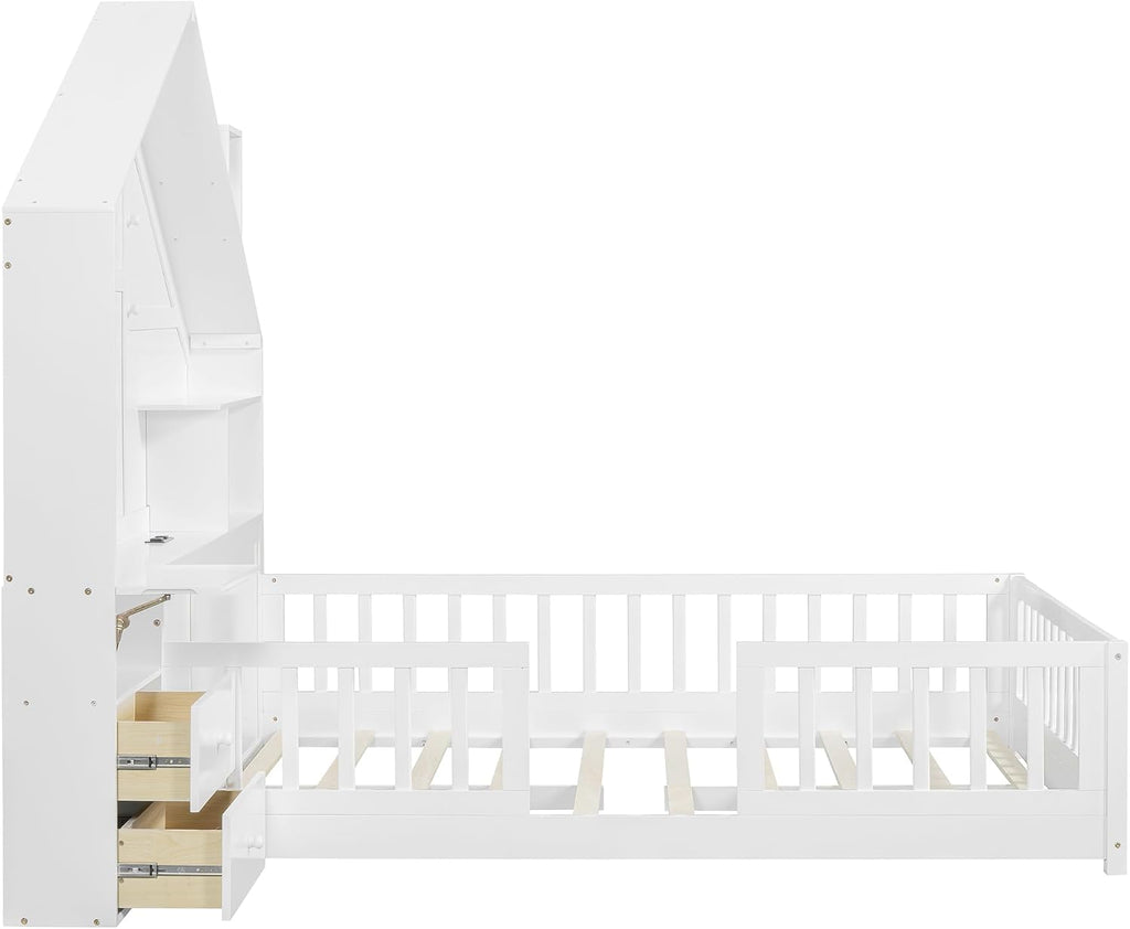 VilroCaz Full Size Kids Floor Bed with Safety Fence, Solid Wood Montessori Platform Bed with House Shape Headboard with Bedside Drawers, Shelves, Sockets and USB Port for Kids Boys Girls (White-LF)