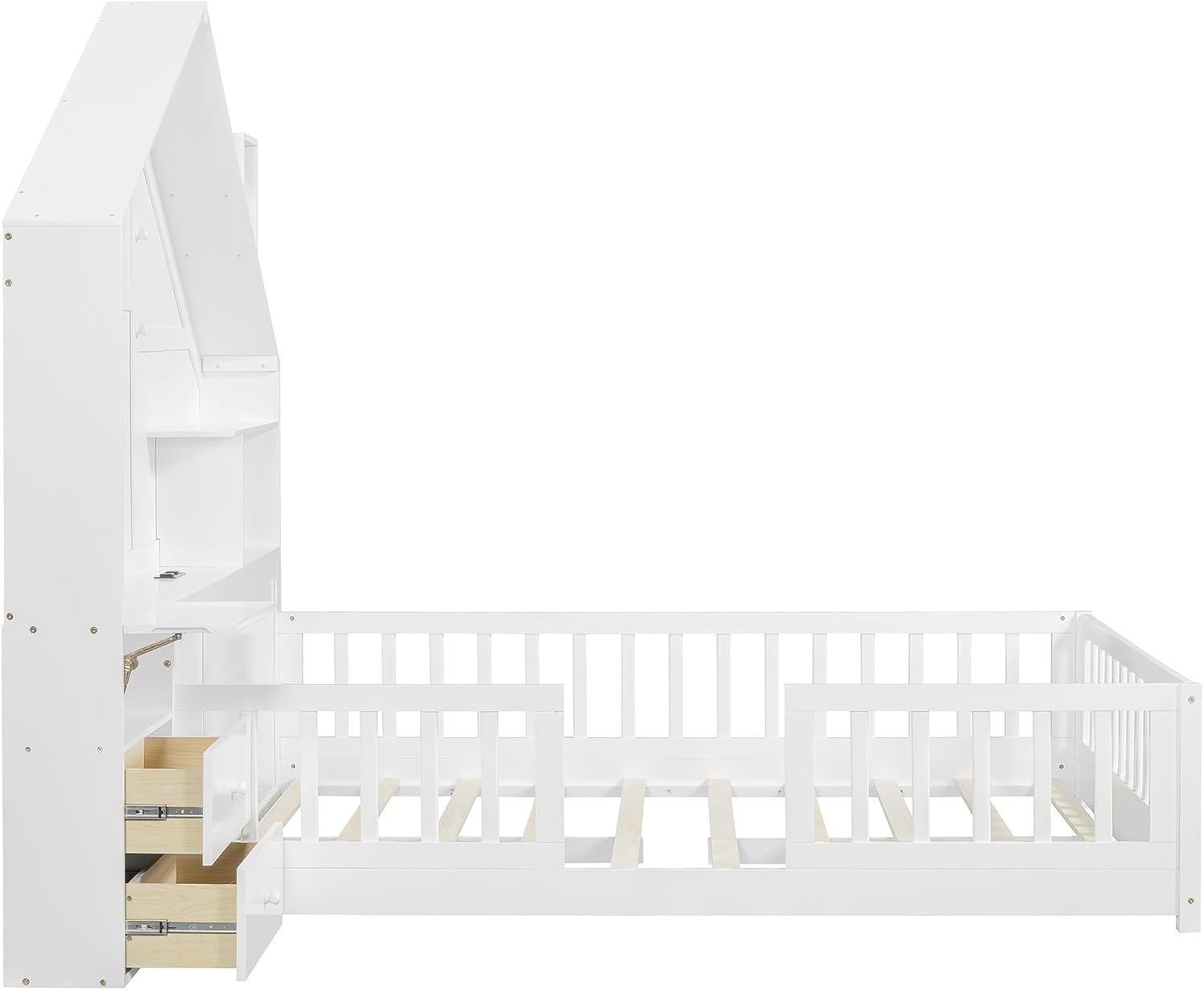 VilroCaz Full Size Kids Floor Bed with Safety Fence, Solid Wood Montessori Platform Bed with House Shape Headboard with Bedside Drawers, Shelves, Sockets and USB Port for Kids Boys Girls (White-LF)