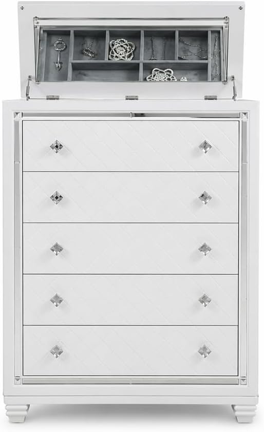 First of a Kind Shiney Contemporary 5 Piece King Bedroom Set High Gloss White Finish with Upholstered Headboard, Sleek Modern Bedroom Furniture Set for Coordinated Interiors
