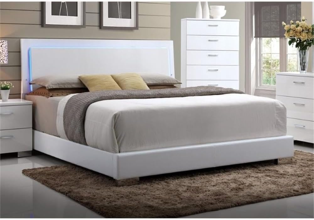 Acme Lorimar Queen Upholstered Wooden Panel Bed with LED in White