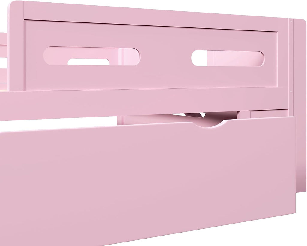 VilroCaz Modern Twin Size Platform Bed with Guardrail and Large Drawer, Wood Kids Platform Bed Frame with Two-Step Ladder for Boys Girls, Sturdy Slats Support (Pink-1.12T)