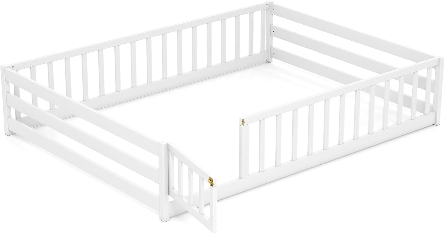KOMFOTT Full Size Wood Floor Bed with Door & Fence, Montessori Bed Frame with Full Length Safety Guardrails, Door & Latch, Wooden Montessori Floor Bed for Kids, Girls, Boys (Full,White)